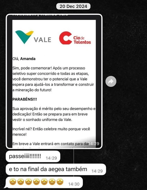 Amanda — email oficial Vale/Cia de Talentos de aprovação no processo seletivo