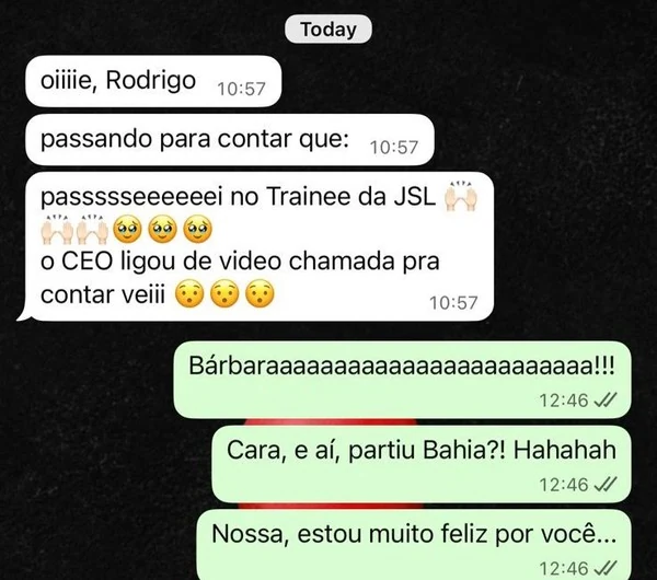 Bárbara — mensagem WhatsApp sobre aprovação no Trainee da JSL com ligação do CEO