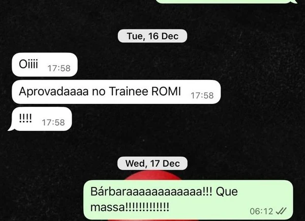 Bárbara — mensagem WhatsApp de aprovação no Trainee ROMI
