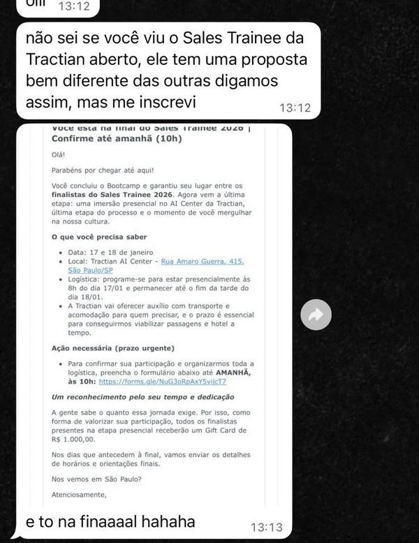 Bárbara — email oficial Tractian confirmando posição de finalista do Sales Trainee 2026