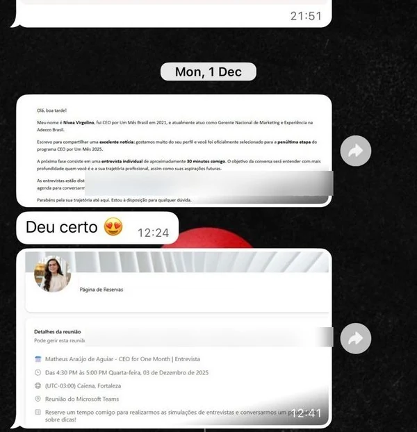 Matheus — convite oficial da CEO da Adecco para penúltima etapa do programa CEO por Um Mês 2025